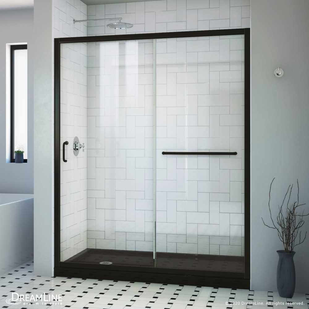 Infinity-Z 34 in. D x 60 in. W x 74 3/4 in. H Clear Sliding Shower Door in Satin Black, Left Drain Black Base Infinity-Z 34 in. D x 60 in. W x 74 3/4 in. H Clear Sliding Shower Door in Satin Black, Left Drain Black Base