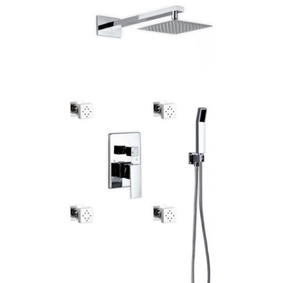 Brass Shower Set With 8" Square Rain Shower, 4 Body Jets and Handheld