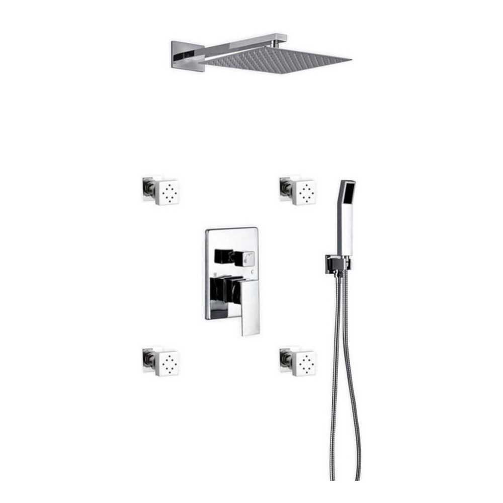 Brass Shower Set With 12" Square Rain Shower, Handheld and 4 Body Jets