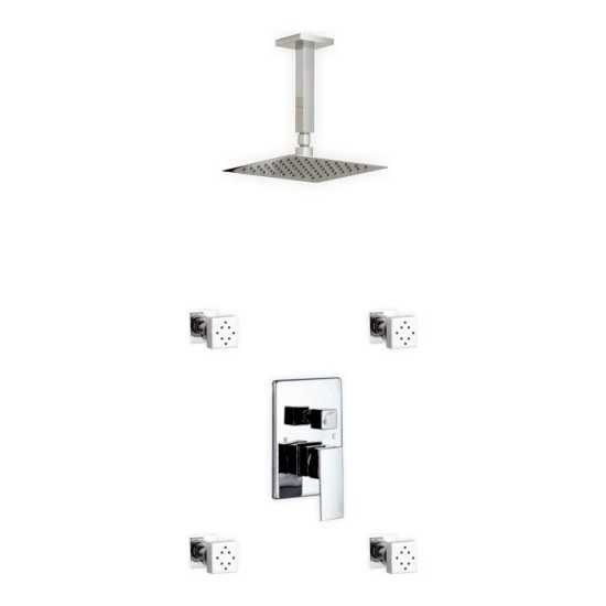 Brass Shower Set With 8" Ceiling Mount Square Rain Shower and 4 Body Jets