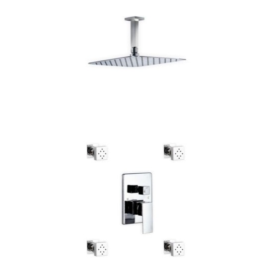 Brass Shower Set With 12" Ceiling Mount Square Rain Shower and 4 Body Jets