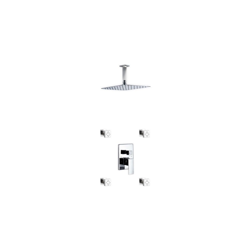 Brass Shower Set With 12" Ceiling Mount Square Rain Shower and 4 Body Jets