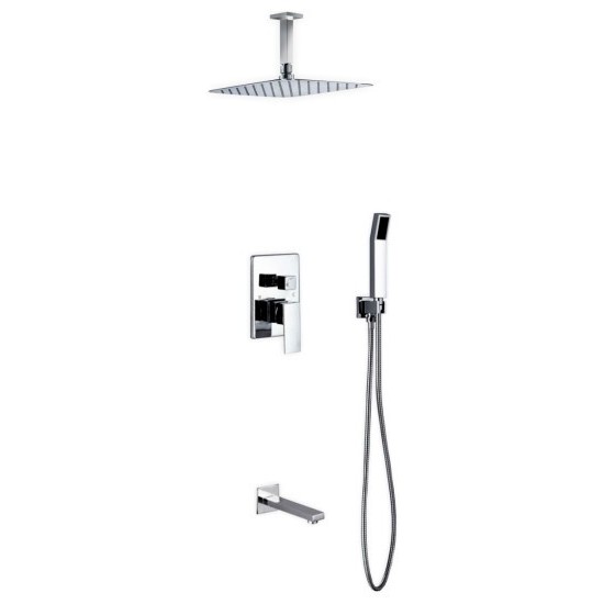 Brass Shower Set12" Ceiling Mount Square Rain Shower, Handheld and Tub Filler