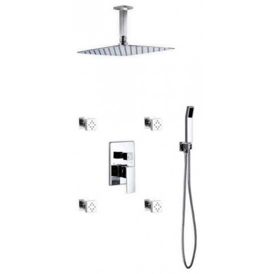 Brass Shower Set12" Ceiling Mount Square Rain Shower, 4 Body Jets and Handheld