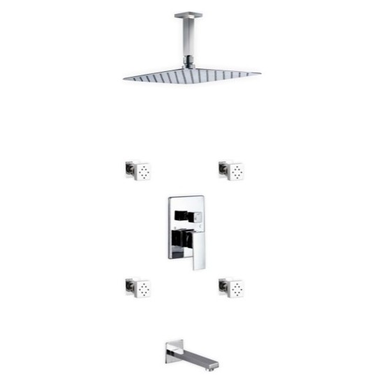 Brass Shower Set12" Ceiling Mount Square Rain Shower, Tub Filler and 4 Body Jets