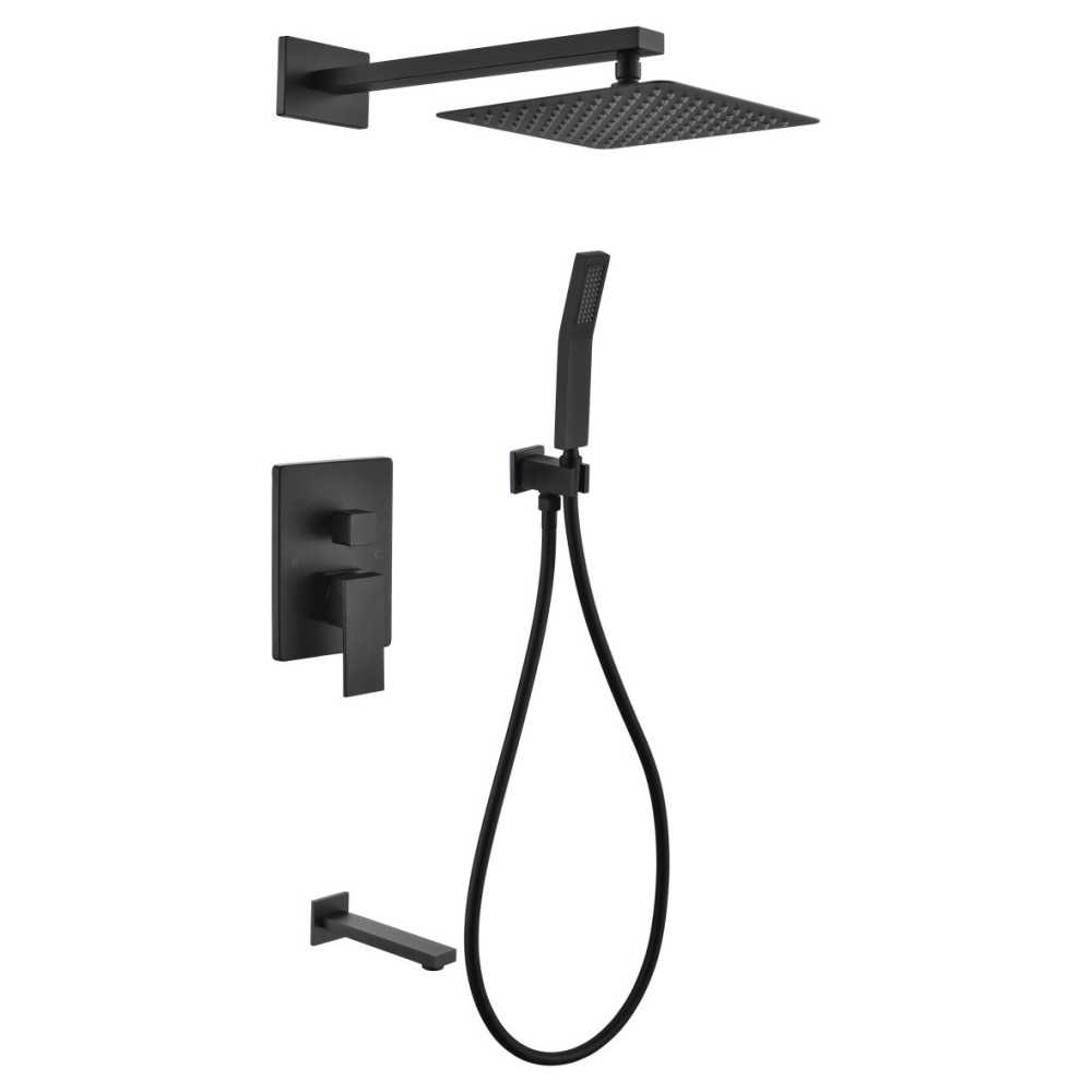 Matte Black Shower Set With 12" Square Rain Shower, Handheld and Tub Filler