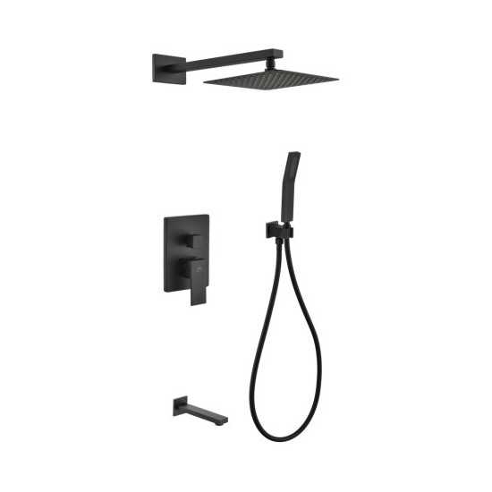 Matte Black Shower Set With 8" Square Rain Shower, Tub Filler and Handheld