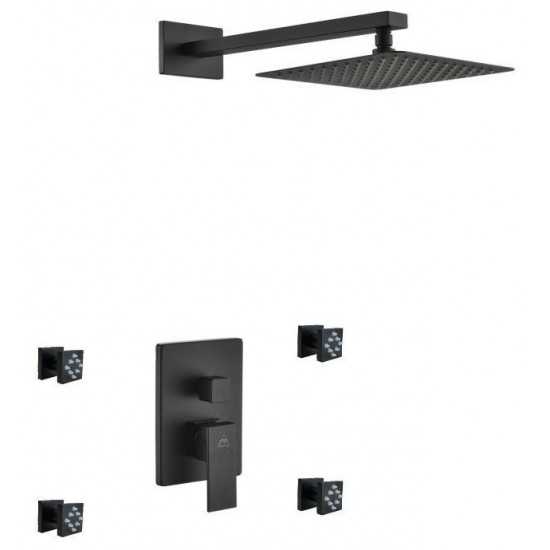 Aqua Piazza Matte Black Shower Set With 8" Square Rain Shower and 4 Body Jets