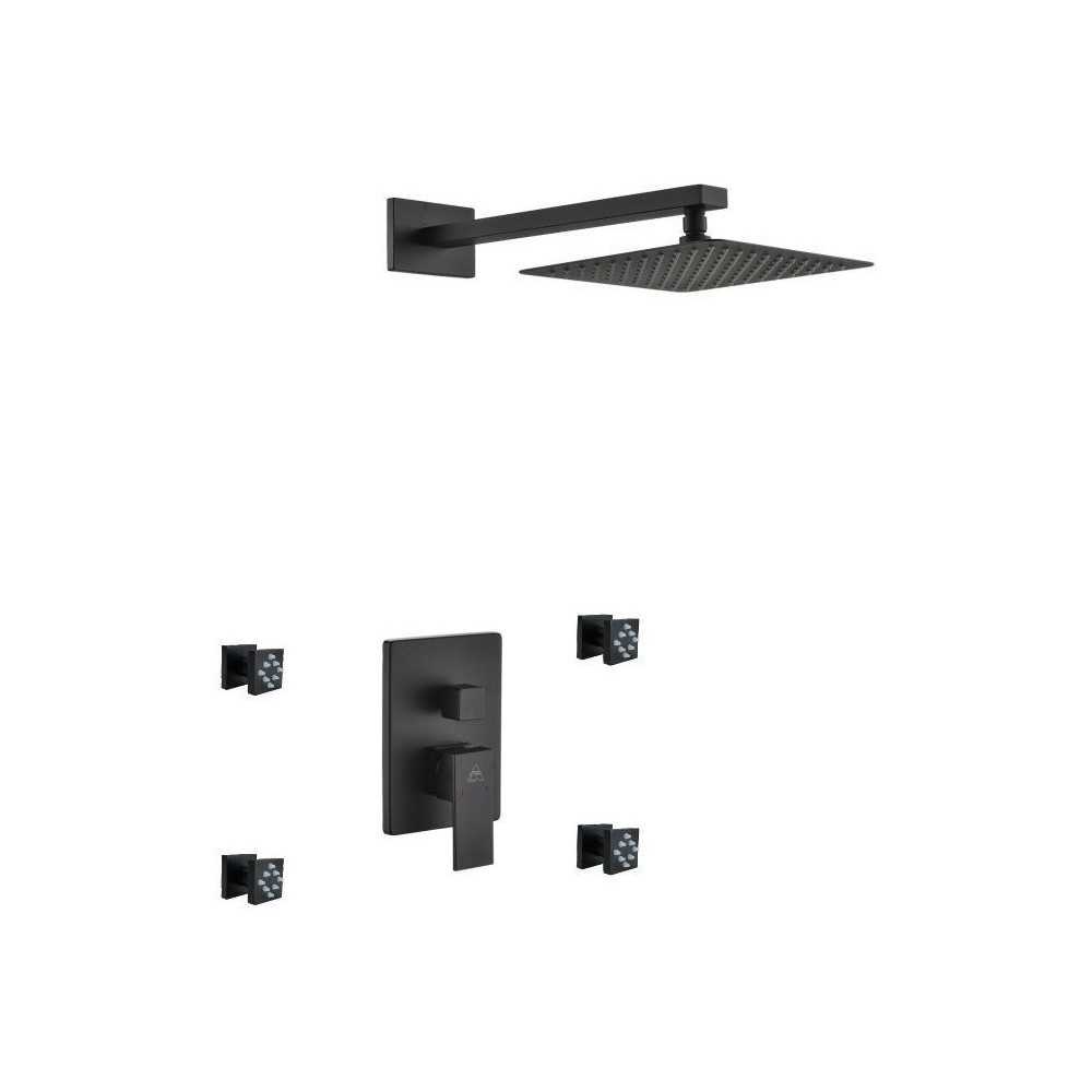 Aqua Piazza Matte Black Shower Set With 8" Square Rain Shower and 4 Body Jets