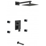 Aqua Piazza Matte Black Shower Set, 8" Square Rain Shower, 4 Body Jets, Tub Fill