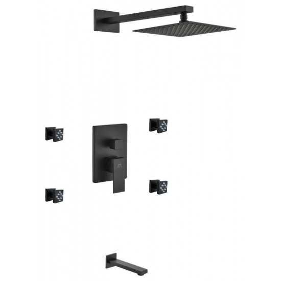 Aqua Piazza Matte Black Shower Set, 8" Square Rain Shower, 4 Body Jets, Tub Fill