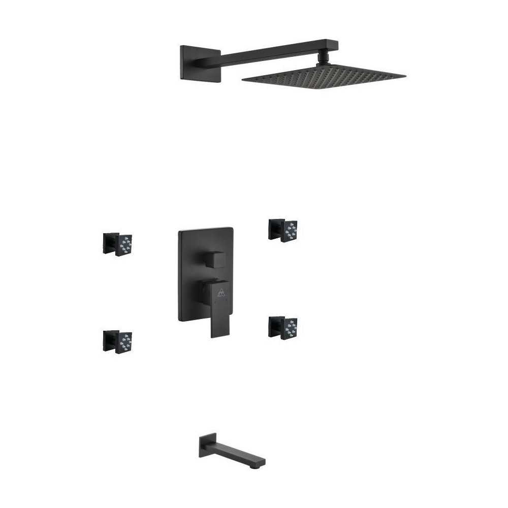 Aqua Piazza Matte Black Shower Set, 8" Square Rain Shower, 4 Body Jets, Tub Fill