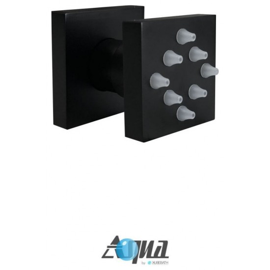 Aqua Piazza Matte Black Shower Set, 8" Square Rain Shower, 4 Body Jets, Tub Fill