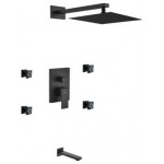 Matte Black Shower Set, 12" Square Rain Shower, Tub Filler, 4 Body Jets