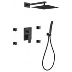 Aqua Piazza Matte Black Shower Set, 12" Square Rain Shower, Handheld, 4 Body Jet