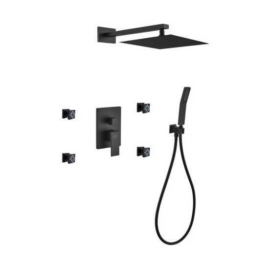 Aqua Piazza Matte Black Shower Set, 12" Square Rain Shower, Handheld, 4 Body Jet