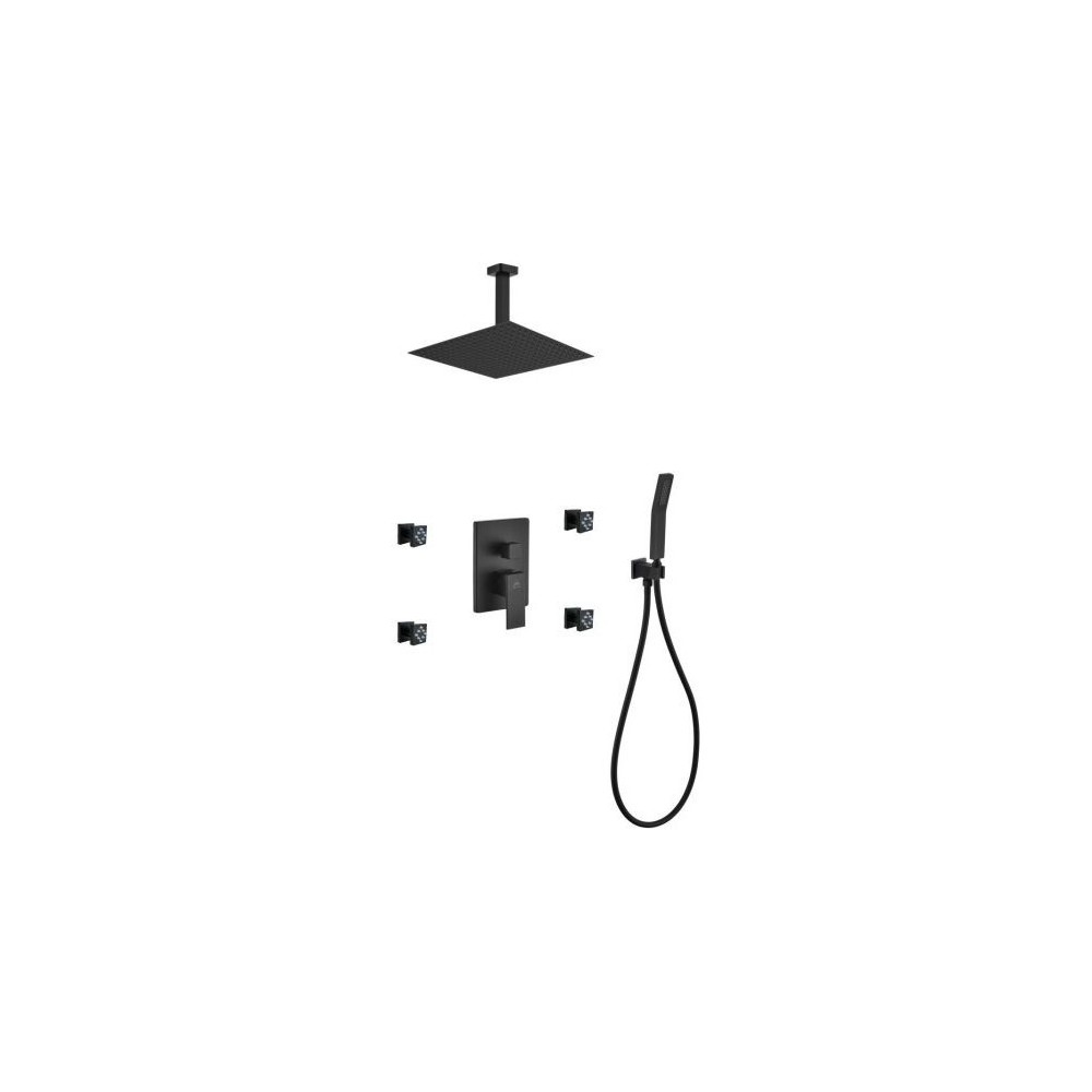 Matte Black Shower Set,12" Ceiling Mount Square Rain Shower, 4 Body Jets, Handhe