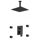 Matte Black Shower Set, 12" Ceiling Mount Square Rain Shower, 4 Body Jets