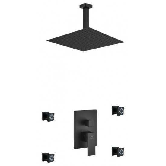 Matte Black Shower Set, 12" Ceiling Mount Square Rain Shower, 4 Body Jets