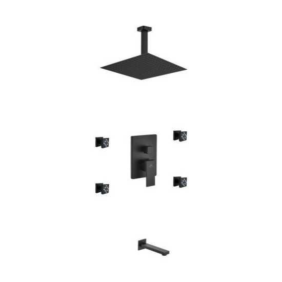 Matte Black Shower Set, 12" Rain Shower, Tub Filler, 4 Body Jets