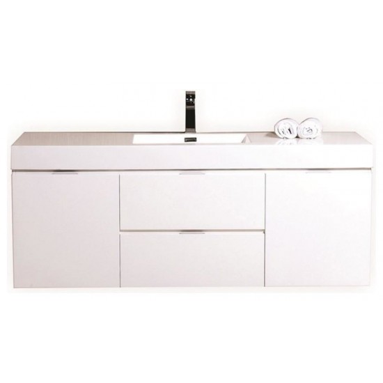 Bliss 60" Single Sink Wall Mount Modern Bathroom Vanity, High Gloss White