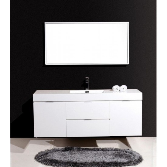 Bliss 60" Single Sink Wall Mount Modern Bathroom Vanity, High Gloss White