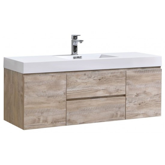 Bliss 60" Single Sink Wall Mount Modern Bathroom Vanity, Nature Wood