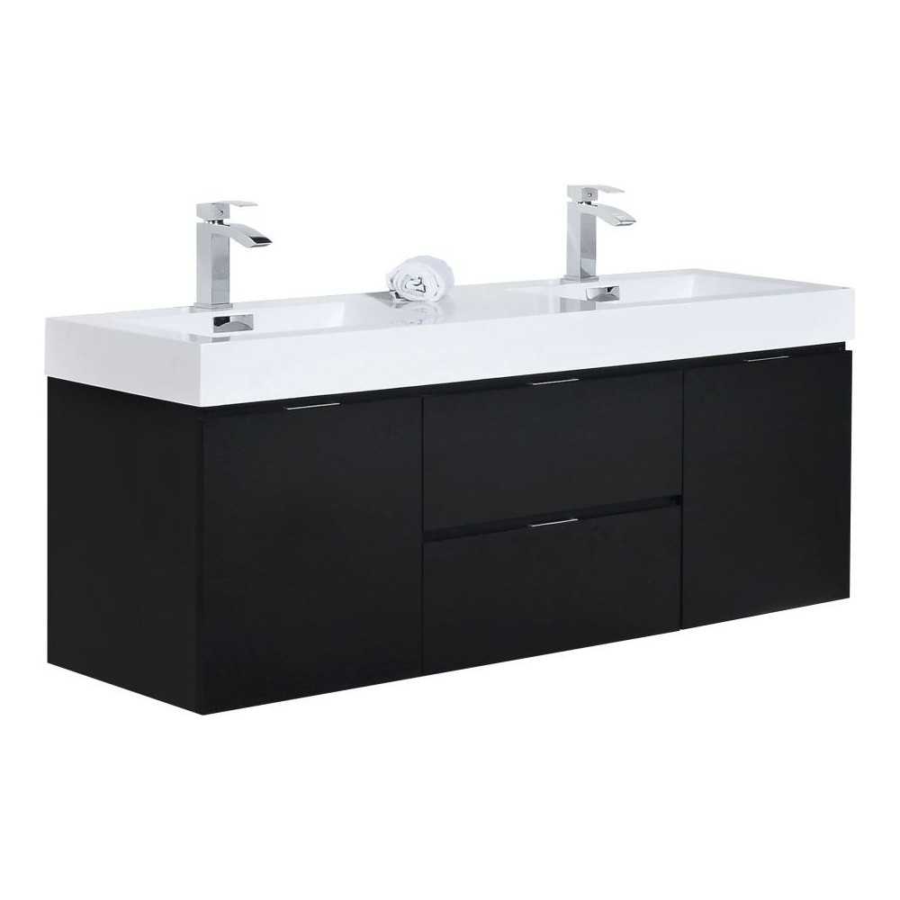 Bliss 60" Double Sink Black Wall Mount Modern Bathroom Vanity