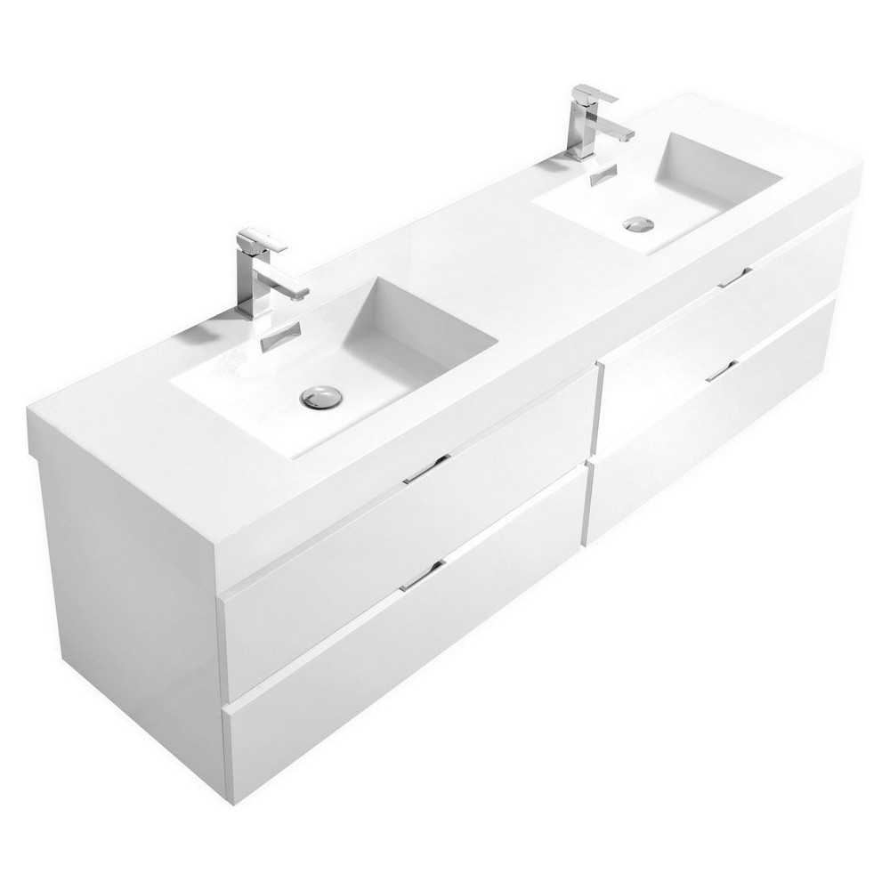 Bliss 72" Double Sink High Gloss White Wall Mount Modern Bathroom Vanity