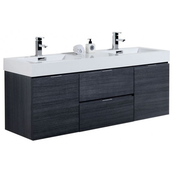 Bliss 60" Double Sink Gray Oak Wall Mount Modern Bathroom Vanity