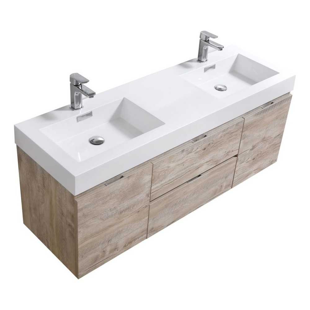 Bliss 60" Double Sink Nature Wood Wall Mount Modern Bathroom Vanity