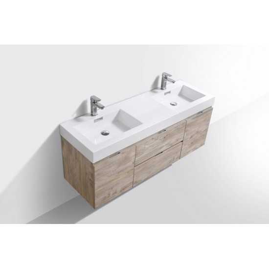 Bliss 60" Double Sink Nature Wood Wall Mount Modern Bathroom Vanity