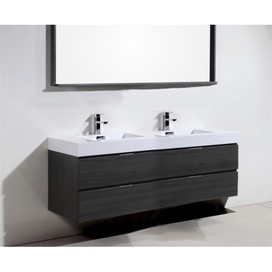 Bliss 72" Double Sink Gray Oak Wall Mount Modern Bathroom Vanity