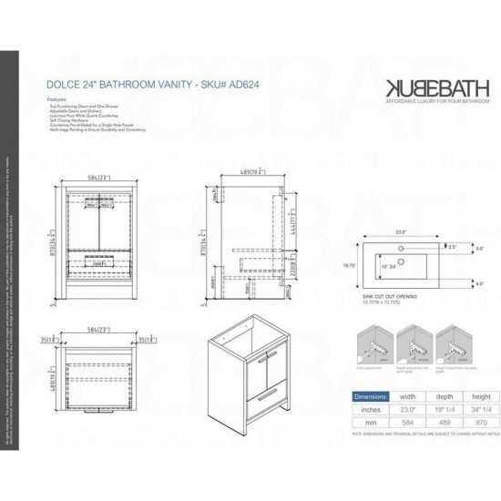 KubeBath Dolce 24" Gray Oak Modern Bathroom Vanity With White Quartz Counter-Top