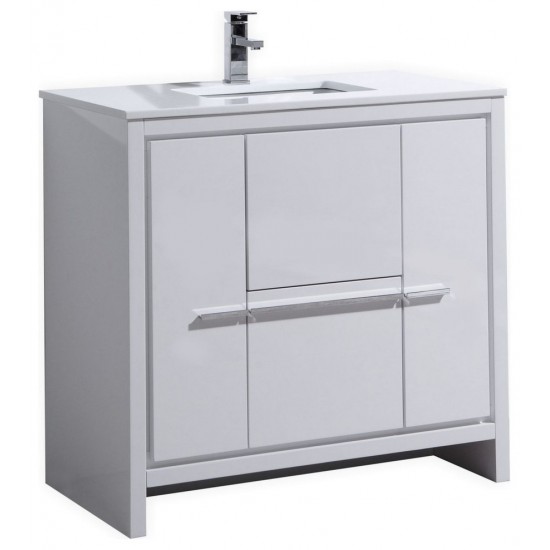 Dolce 36" High Gloss White Modern Bathroom Vanity With White Quartz Counter-Top