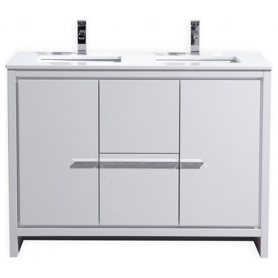 48" Double Sink High Gloss White Modern Bathroom VanityWhite Quartz Counter-Top