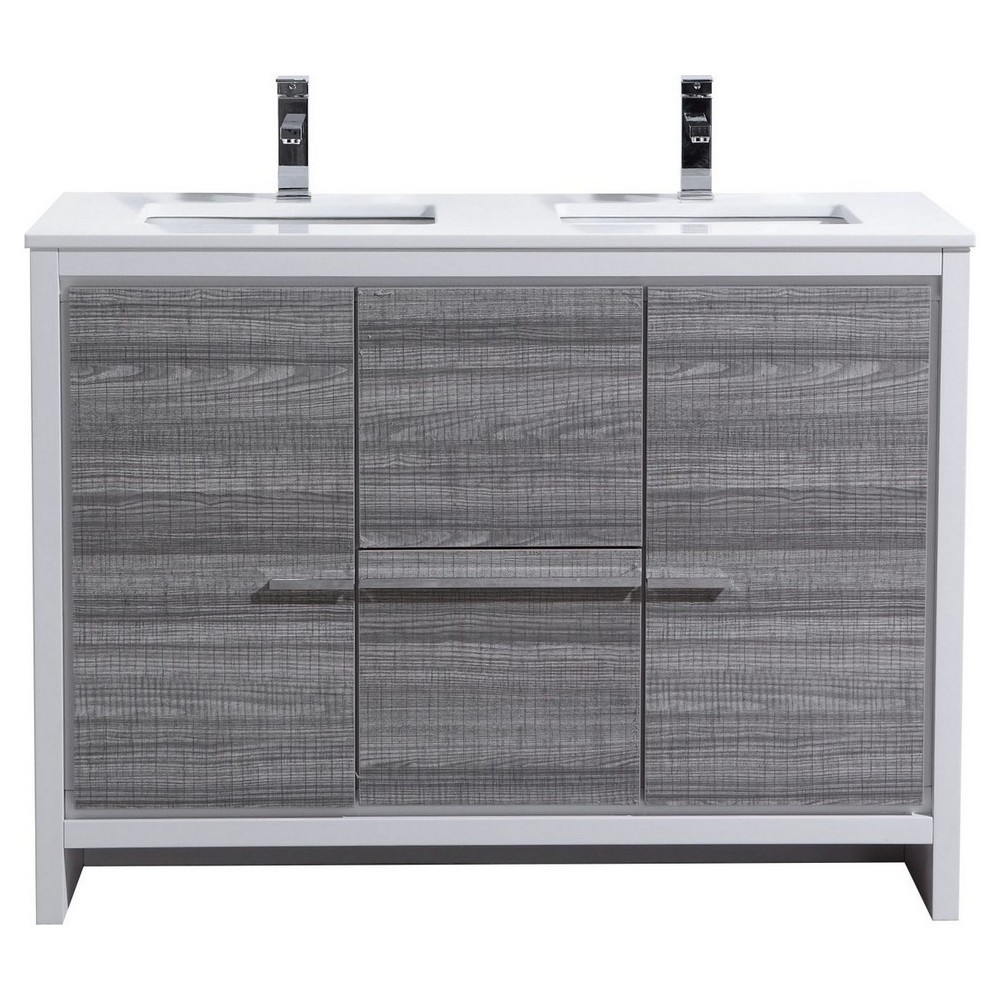 48" Double Sink Ash Gray Modern Bathroom Vanity With White Quartz Counter-Top