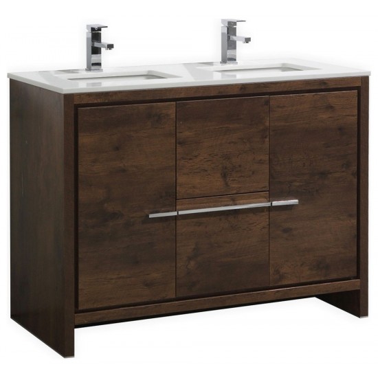 48" Double Sink Rose Wood Modern Bathroom Vanity With White Quartz Counter-Top