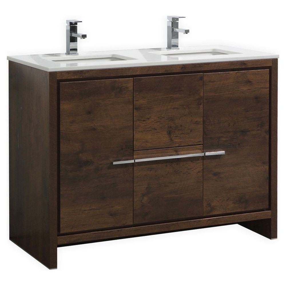 48" Double Sink Rose Wood Modern Bathroom Vanity With White Quartz Counter-Top