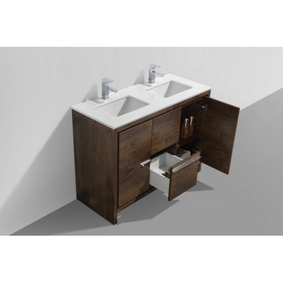 48" Double Sink Rose Wood Modern Bathroom Vanity With White Quartz Counter-Top