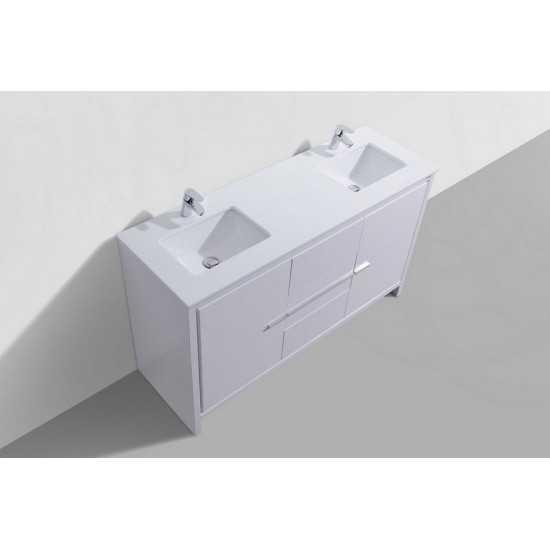 60" Double Sink High Gloss White Modern Bathroom VanityWhite Quartz Counter-Top