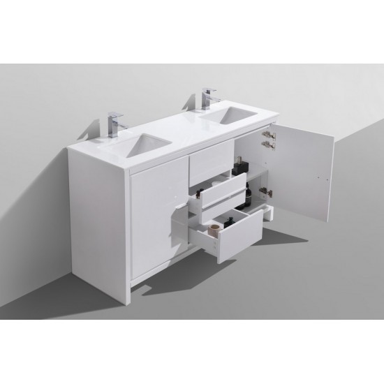 60" Double Sink High Gloss White Modern Bathroom VanityWhite Quartz Counter-Top