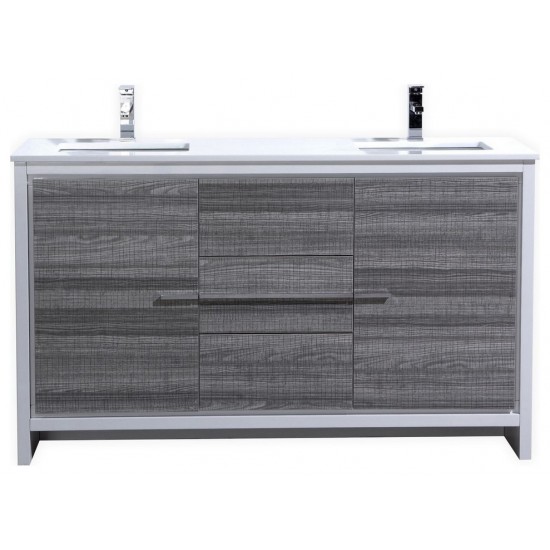 60" Double Sink Ash Gray Modern Bathroom Vanity With White Quartz Counter-Top