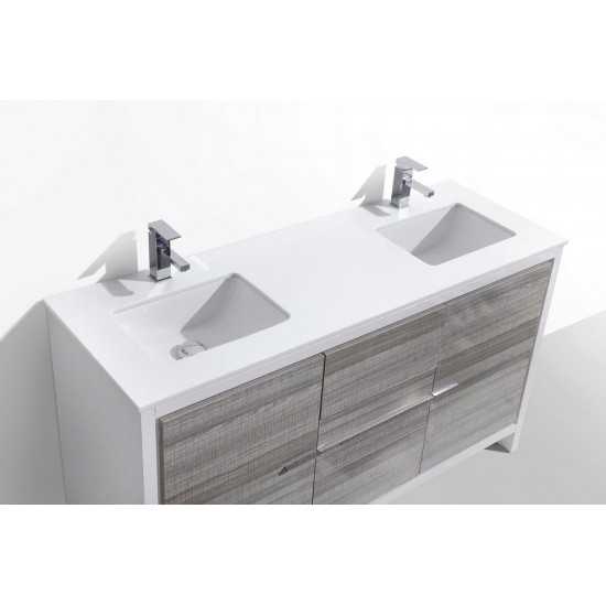 60" Double Sink Ash Gray Modern Bathroom Vanity With White Quartz Counter-Top