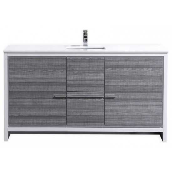 KubeBath Dolce 60" Ash Gray Modern Bathroom Vanity With White Quartz Counter-Top