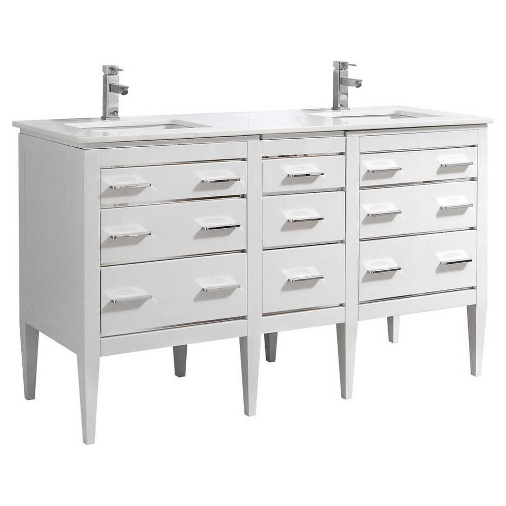 Eiffel 60'' Double Sink High Gloss White Vanity With Quartz Counter Top