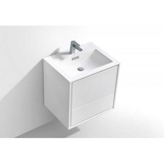 DeLusso Wall Mount Modern Bathroom Vanity, High Glossy White, 24"