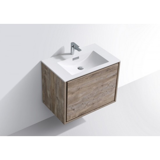 DeLusso Wall Mount Modern Bathroom Vanity, Nature Wood, 30"