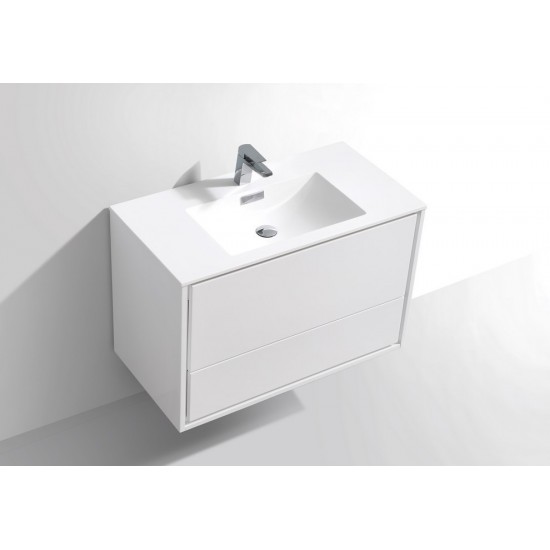 DeLusso Wall Mount Modern Bathroom Vanity, High Glossy White, 36"