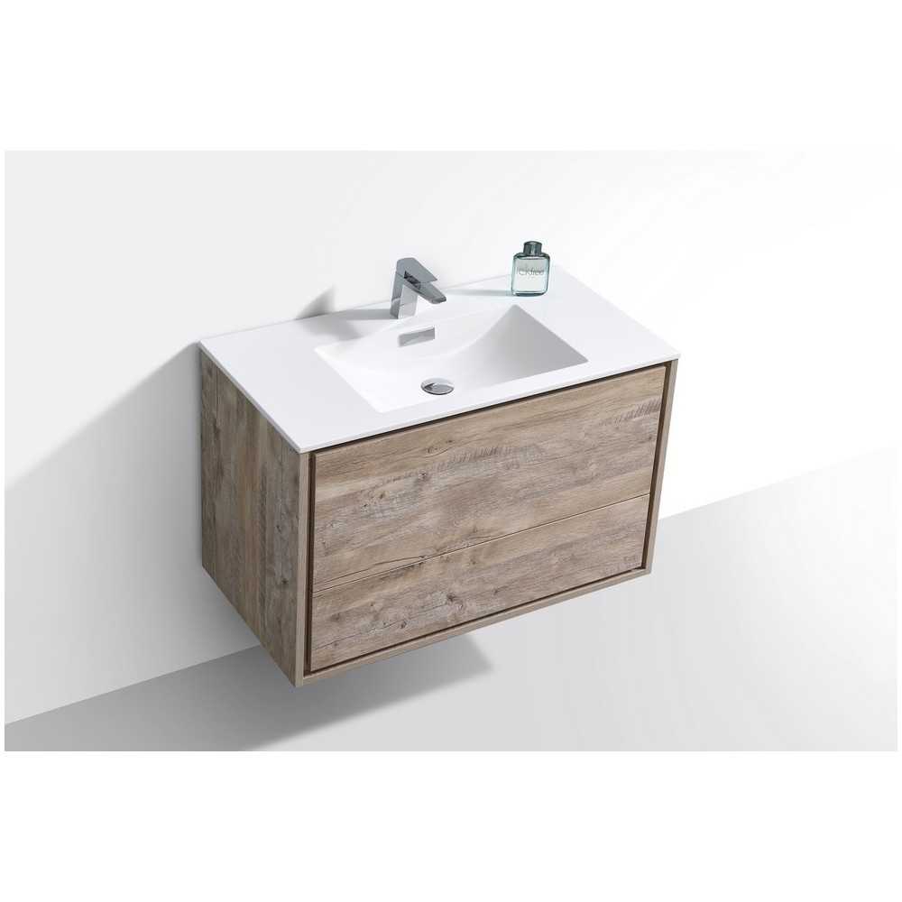 DeLusso Wall Mount Modern Bathroom Vanity, Nature Wood, 36"